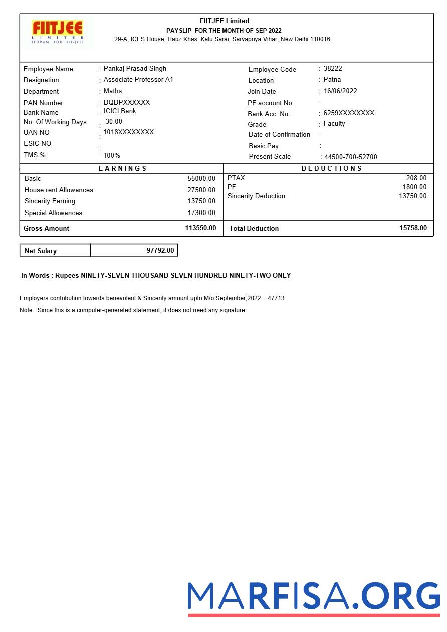 Blank Fiitjee education center payslip download for verification